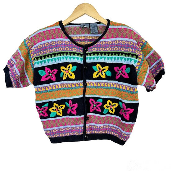 VTG LIZWEAR 80s 90s Knit Cardigan Women’s Sz‎ Large Sweater Short Sleeve Y2k